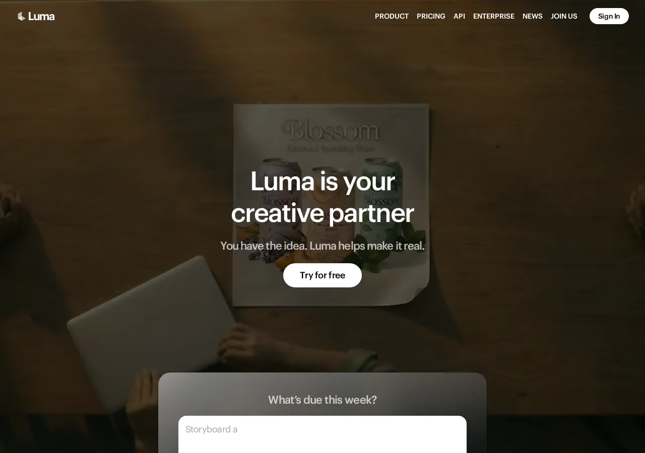Luma AI 平台界面预览 - 首页界面示意